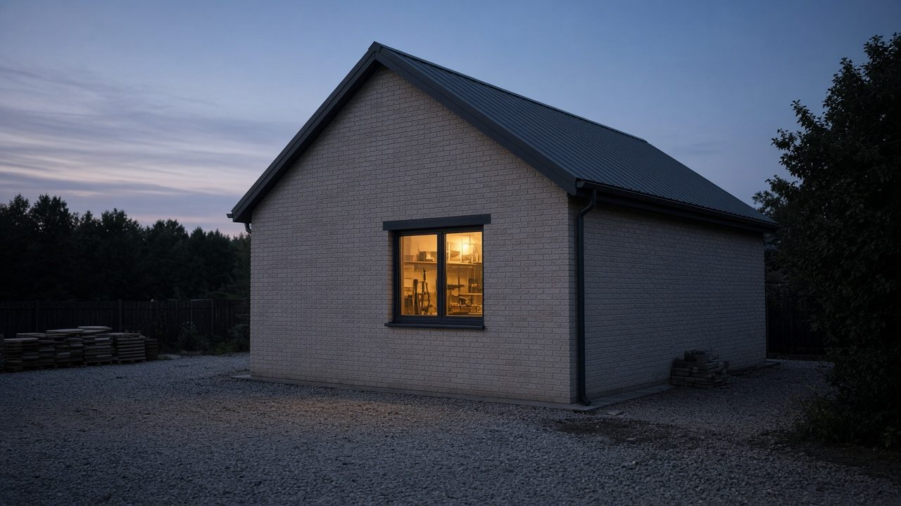 A small masonry workshop at dusk, one window lit, gravel in the yard