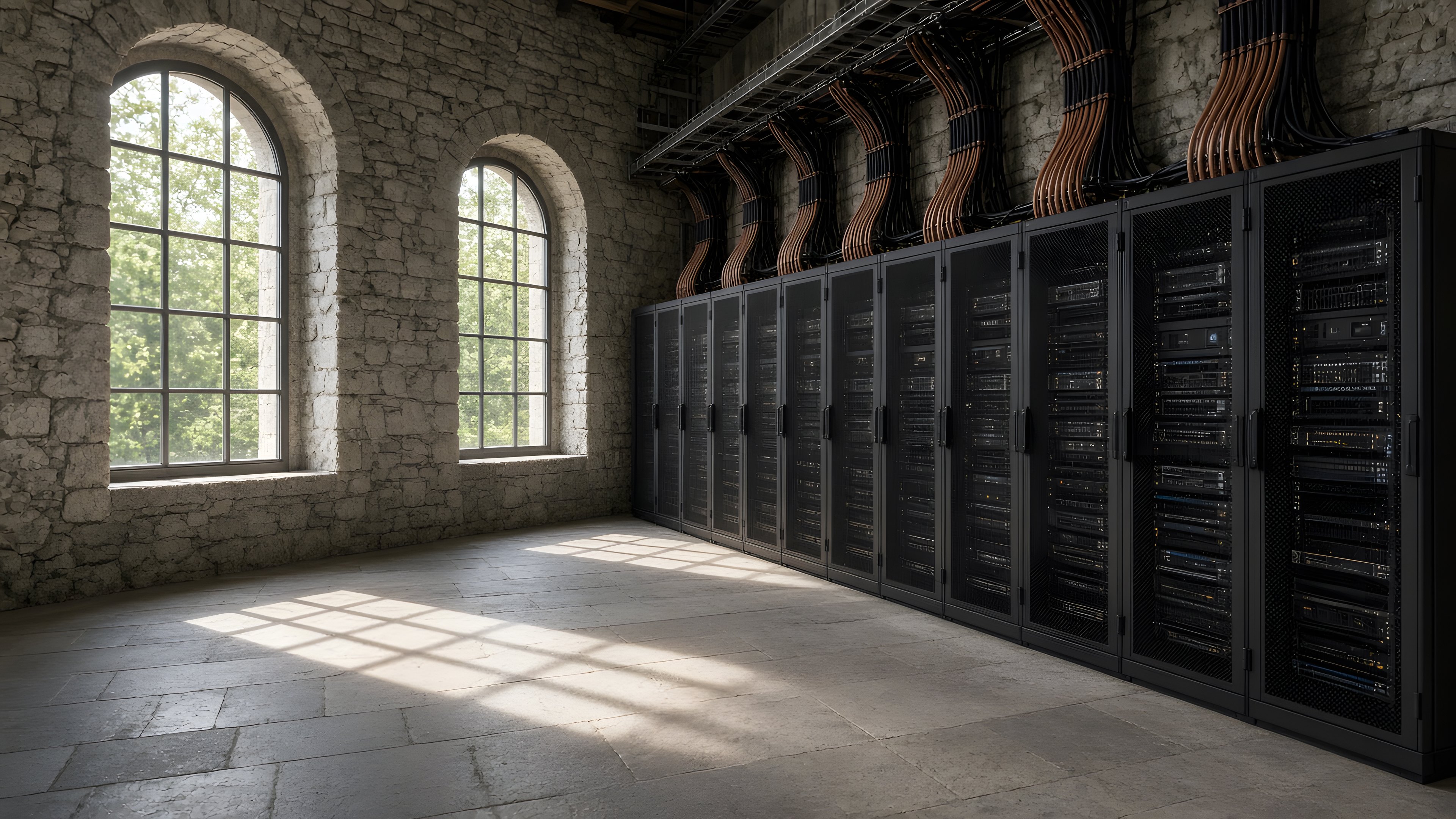 A quiet limestone hall with tall arched windows, warm afternoon light, and a row of matte black server racks along one wall