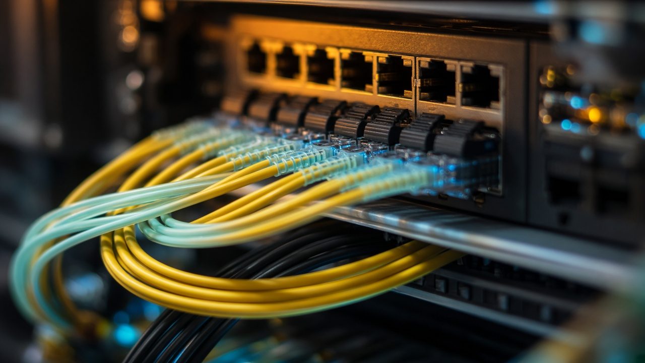 Close-up of dressed network leads plugged into a rack