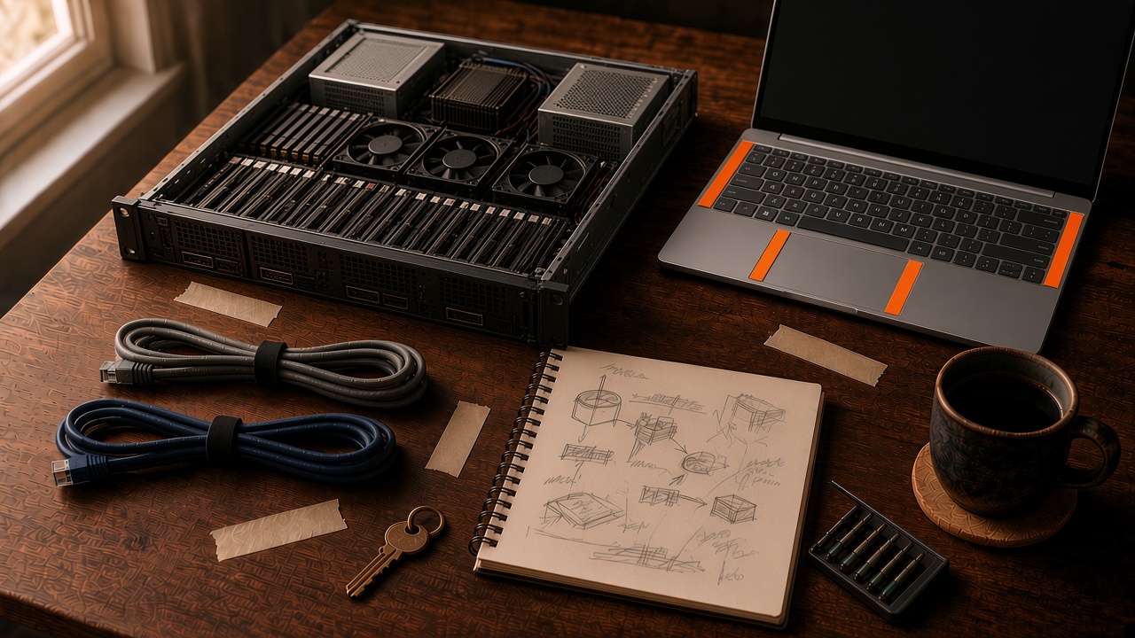 Overhead of a walnut workbench mid-setup with an open rack-mount server, a laptop with orange accents, bundled network cables, an open notebook of pencil network sketches, a brass key, tools, and a mug